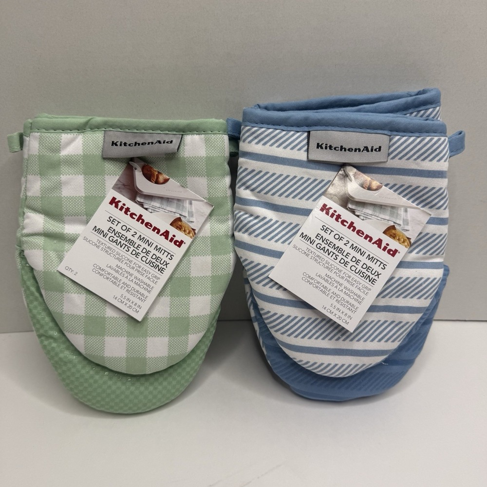 NEW KitchenAid Mini Oven Mitts 4 Pack Green Gingham Blue Stripe Silicone Grip
